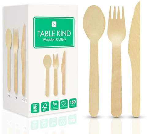 Table Kind 150 x Bulk Set Wooden Cutlery Biodegradable Knives, Forks, Spoons, 17cm Utensils, Birthday Parties, Camping, Picnics, BBQs, Weddings, Festivals Catering, Buffet, Home Compostable