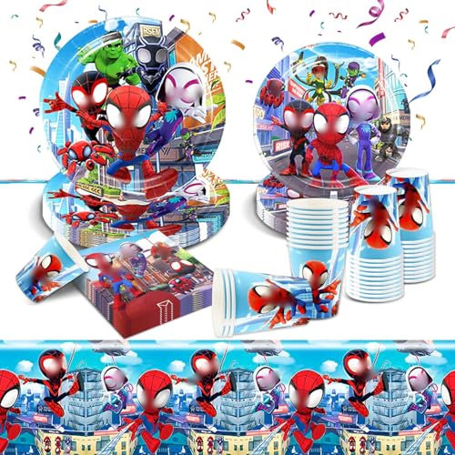 Geburtstagsdeko Partygeschirr Set- 51Pcs Geburtstag Geschirr Tableware Kindergeburtstag Teller Kit Partyzubehör Supplies mit Servietten Tischdecke Pappbecher Pappteller Kinder Party Deko für 10 Gäste