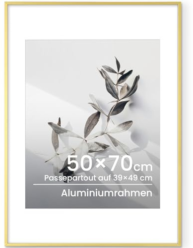 Feihorrm Bilderrahmen 50x70cm Gold, Aluminium Posterrahmen mit Glas | Metall großes Fotorahmen Frame für Fotos, Kunstwerke, 39x49cm mit Passepartout, ideal für Wohnzimmer Büro Galerie