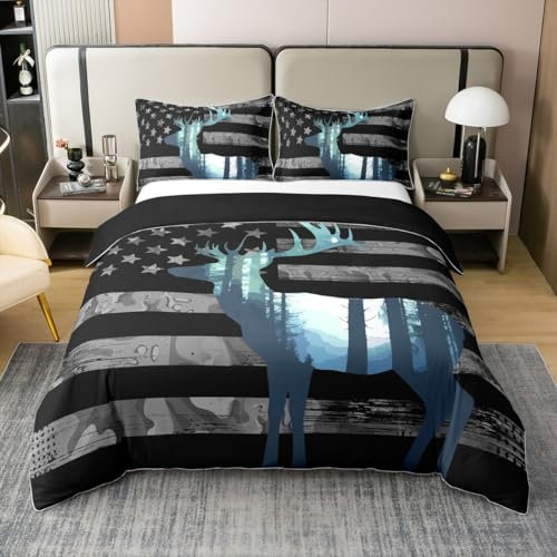 Homewish Copripiumino matrimoniale in 100% cotone, motivo caccia, set di biancheria da letto con bandiera americana, set di biancheria da letto con sagoma di cervi e animali ampi, copripiumino a righe