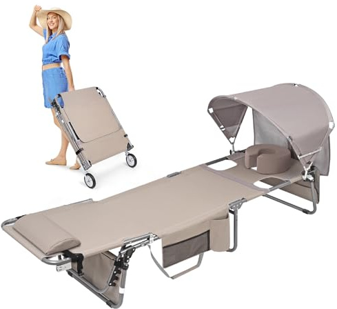Wheel-To-Go Tanning Chair with Wheels Sun Canopy Umbrella Face Hole Thicker Washable Adjustable, Heavy Duty Folding Lay Flat Sun Lounge Chair Beach Outside Sunbathing Reading, UPF 50+ (Patent Design)