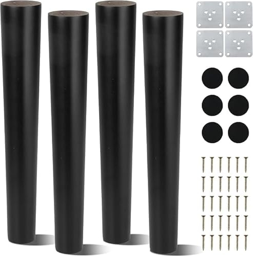 12 inch Wooden Furniture Legs 30cm Black Chair Legs Bed Legs Set of 4 | Solid Wood Sofa Legs Coffee Table Legs Black TV Stand Legs Furniture Feet with Mounting Plates & Non-Slip Mats & Screws