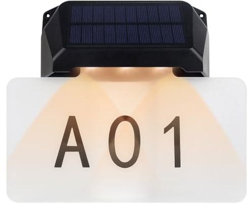 SKIKHN Numero civico illuminato a energia solare, IP65, numero civico solare per esterni, impermeabile, 3 temperature di colore, numero civico LED con sensore crepuscolare, targa con adesivo acrilico