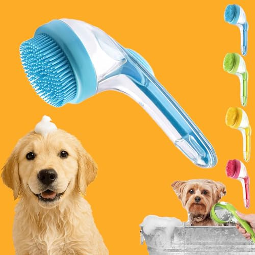 Qosigote Waschzauber, Hunde Waschbürste, Hundebürste Für Baden, Waschbürste Mit Seifenspender, Weiche Silikon-Badebürste Mit Langem Griff, Hunden, Kaninchen (Blau)