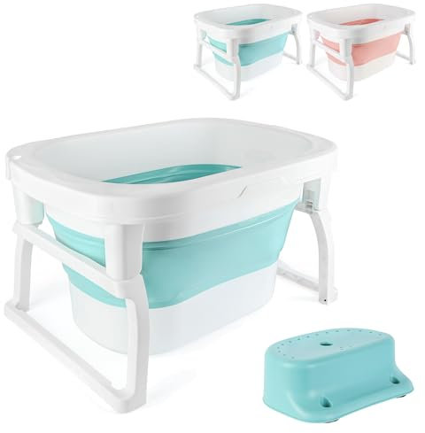 XUANYU Baignoire Bébé avec Tabouret de Bain, Baignoires Bebe sur Pied, Bassine Pliable Bebe 0-3 Ans, Antidérapant, Sécurisée et Confortable, Baignoire de Voyage Portable Fille ou Garçon (Bleu)