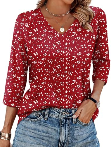 WIHOLL Tops for Women 3/4 Length Sleeve V Neck Casual Tunic Ladies Tops Basic Shirts Loose Fit Blouse Red White Dot Size 14-16