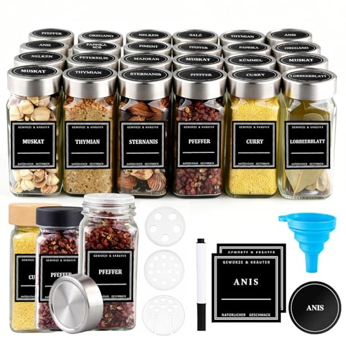 CoolNovel® 24er Gewürzgläser-Set [120 ml] – Eckig & Luftdicht mit Edelstahldeckeln, deutschen Etiketten & Streueinsätzen – Gewürzdosen aus Glas inkl. Trichter & Reinigungsbürste