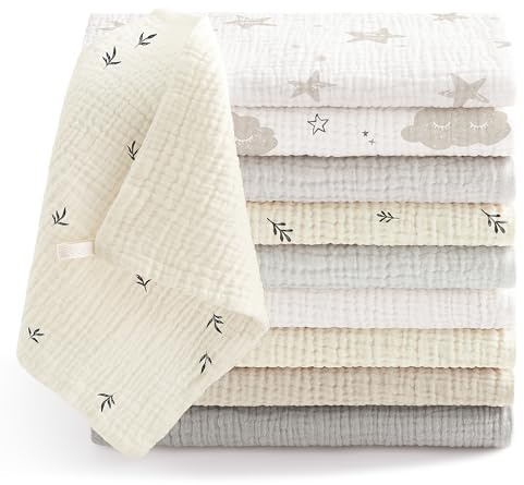 Bearmoss10 Stück Baby Musselin Waschlappen Moltontücher 100% Baumwolle Weiche Spucktücher Baby,Atmungsaktiv und Extrem Saugfähig Musselin Tuch für Saugstark Mulltücher 25 x25cm(Aprikosengrau)
