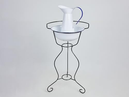 Ardosia Bassine Émaillée sur Pied avec Cruche – Ensemble Vintage avec Support en Fer Forgé, Hauteur 81 cm