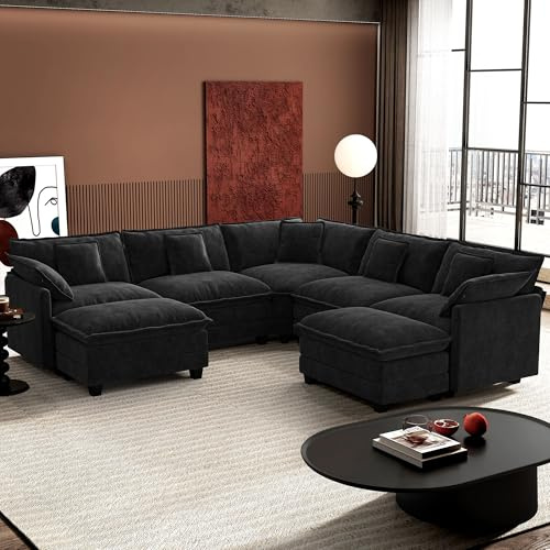 Ihanherry 114 V-Shaped Modern Sofa Modular Sectional Cloud Couch with 2 Ottoman, 7-Seat Chenille Deep Seat Sofa with Corner Section for Living Room, Bedroom and Apartment, Black