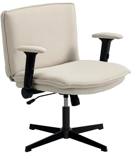 HOMCOM Silla de Oficina Piernas Cruzadas, Silla de Escritorio con Reposabrazos Abatible, Asiento Ancho de 63 cm, sin Ruedas, Altura Ajustable, Giratoria, Función Basculante, Tapizada en Lino, Crema