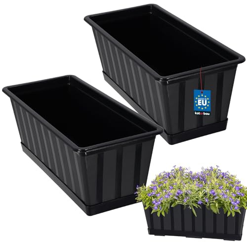 KOTARBAU® Blumenkasten für Balkon mit Untersetzer, 40x18x14 cm, 2er Set | Balkonkästen, Blumenkasten für Fensterbank außen, Balkon Pflanzkasten rechteckig, Balkonkasten aus Kunststoff, Anthrazit
