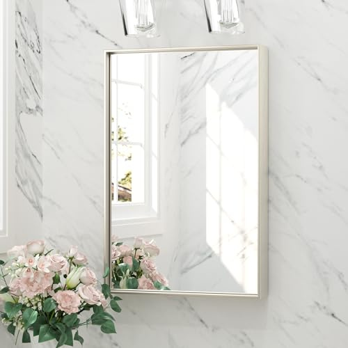 Keonjinn 40x60 Nickel Bathroom Mirror Metal Frame, Rectangular Wall Mirror with Square Corner, Horizontal or Vertical Hanging for Bathroom Vanity, Hallway, Bedroom