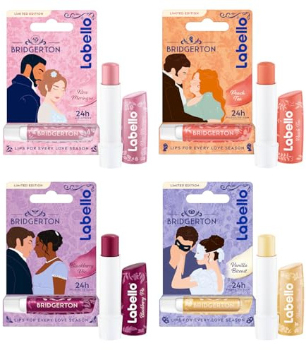 Labello BRIDGERTON Limited Edition Set 4x Lippenpflege (Rose, Peach, Blackberry, Vanilla) 24h Feuchtigkeit, 4-teilig