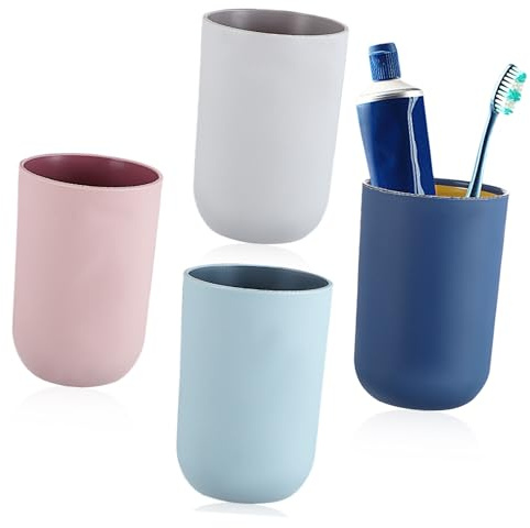 Healeved Set 4 Tazze da Bagno in Plastica Riutilizzabile, Bicchieri Porta-spazzolini e Collutorio, Design Minimalista e Multiuso per Bagno e Cucina, Facilità di Pulizia e Colore Casuale