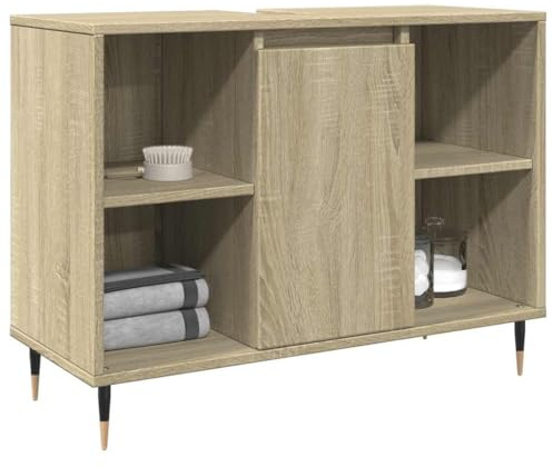 Bendmaxx Badskåp Sonoma-ek 80 x 33 x 60 cm, trämaterial med 1 dörr, 4 fack, järnfötter för badrum, förvaringsutrymme och ordning