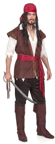 DEGUISE TOI - Déguisement pirate homme - Chemise/Gilet - Pantacourt - Bandana - Ceinture - Sur-bottes - M - Marron - Déguisements adultes - 100% Polyester - Laver à la main - Carnaval