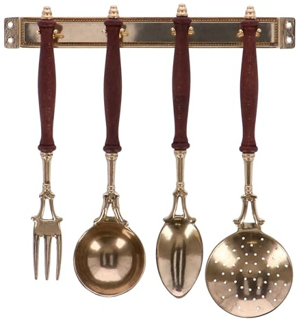 Set mestoli decorativi da cucina in ottone lucido e legno 4 pezzi