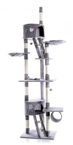 Wiltec Kratzbaum 240-260 cm grau, Katzenkratzbaum deckenhoch mit Sisal, Kletterbaum für Katzen, Deckenspanner Katzenbaum mit Hängematten