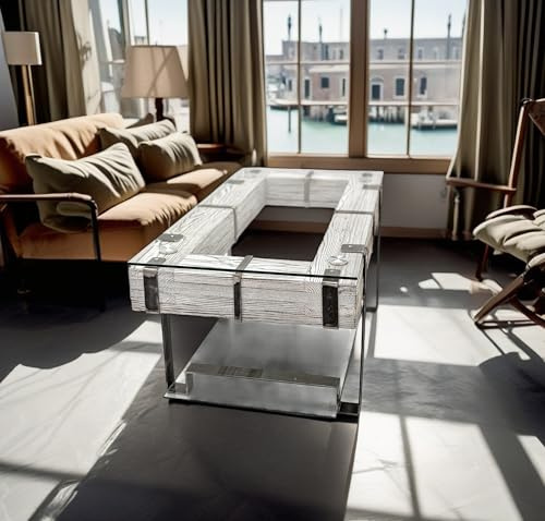CHYRKA® Couchtisch LEMBERG Wohnzimmertisch Massivholz Glastisch Holz Glas Loft Handmade Vintage Deco (LEMBERG-Weiss, 120x60 cm H=50 cm)