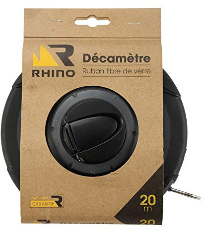 RHINO - Mètres d'arpenteur/Mètres à ruban 20m - Décamètre mesure longue - Mètre ruban (en fibre de verre) - Boite antichoc avec poignée de maintien - Longueur 20 m - Garantie 5 ans