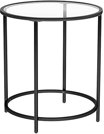 VASAGLE Beistelltisch, rund, Platte aus gehärtetem Glas, Metallrahmen, Sofa-Spitze, Konsolentisch, Nachttisch, für Wohnzimmer, Balkon, Schwarz und Transparent LGT020B01