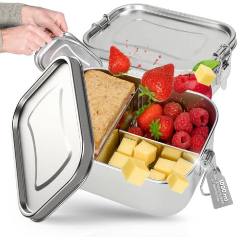 Lunchbox Edelstahl 1000 ml - Brotdose mit Fächern für Schule, Büro & Alltag | Brotzeitbox, Jausenbox, Dichtungsring, drei Fächer, Schulverpflegung, personalisierte Geschenkidee, Metalldose robust
