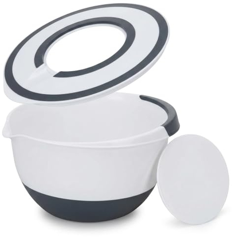 MIJOMA Ciotola con coperchio e apertura per mescolare, ciotola per impasto da 5 l, con fondo antiscivolo, impugnatura soft touch e coperchio protettivo per aromi per cucina e cottura, bianco e nero