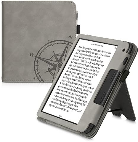 kwmobile Schutzhülle kompatibel mit Tolino Vision 6 Flip Hülle - Cover mit Handschlaufe - Kompass Vintage Grau