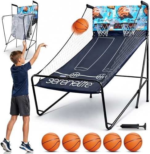 SereneLife Arcade basketspel, vikbar enkel/dubbel basketkorg, elektronisk punktvisning, robust konstruktion, inomhus/utomhus – sportspel för barn, familjer och basketfans
