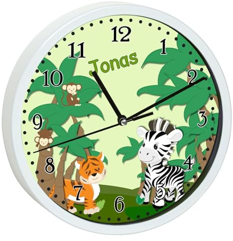 CreaDesign, Wanduhr Kinder personalisiert mit Name, Motiv Dschungel, Rahmen Wanduhr weiß, Ø 19,5 cm