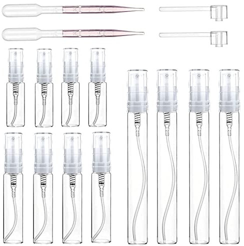 Uheltosly 12 Piezas Atomizador Vidrio Mini, 3ml/5ml/10ml, Transparente Atomizador Rellenables de Viaje Conjunto de Botellass Spray Bottle, con 2 Cabezal de Prensa y 2 pipetas