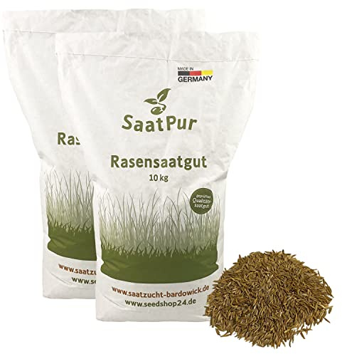 SaatPur® Rasensamen Schattenrasen 20kg für ca. 600 m², Mehrjährige Rasemischung aus mehreren Rasenarten, meistens 4 bis 5, satt grün, schnellkeimend, hitzetolerant, Neusaat und Nachsaat