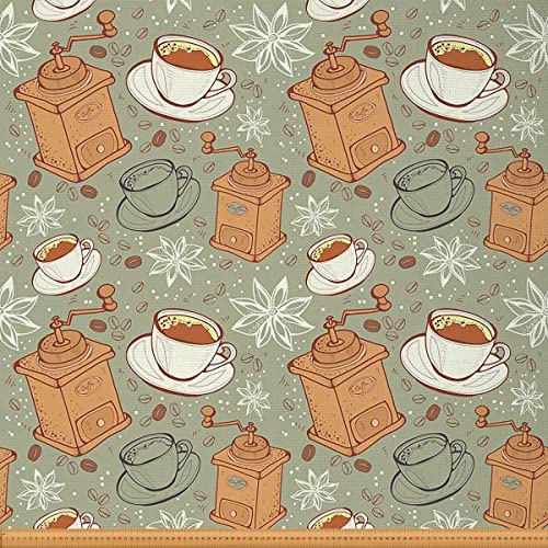 The Yard, tessuto da tappezzeria vintage con macchina da caffè espresso, tessuto retrò stile scarabocchio, tessuto impermeabile per progetti fai da te, lunghezza 184 x larghezza 150 cm, colore grigio