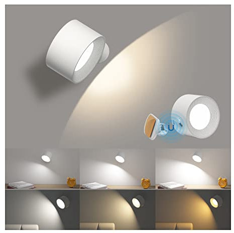 Coollamp LED Wall Light, Wall Lamp with 3 Color Modes 3 Brightness Levels 360°Rotate Magnetic Ball Touch Control, Indoor Wall Lights Battery Wall Light for Bedroom Reading Living Room-1Pack