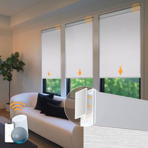 Hapadif Motorized Blinds No Drill Automatic Roller Shades with Remote Control Cordless Smart Electric Windows Blinds (White, 34 x 72)
