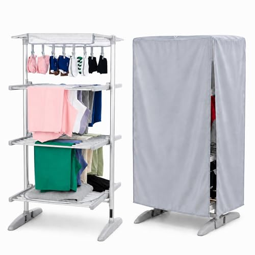 GlamHaus Digital Heated Clothes Airer with Cover, 300W Electric Drying Rack, Adjustable 30-70°C Temperature Control, 9-Hour Timer, Foldable Indoor Laundry Dryer with Extension Wings