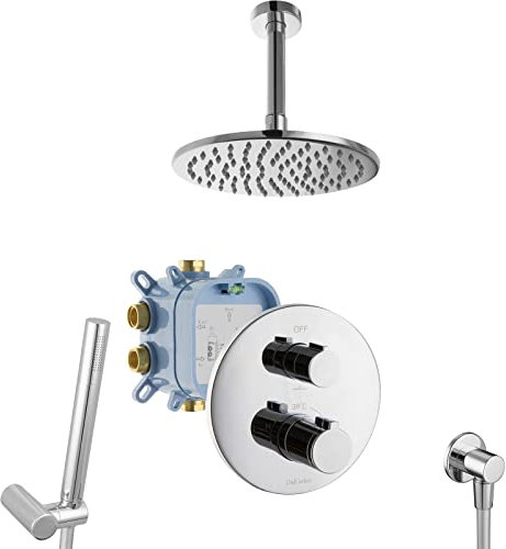 PaulGurkes Dusche Komplett Set Unterputz Rainshower Set mit Box Regendusche UP-Dusche Thermostat Mischbatterie Fertigdusche Komplettduschsystem Deckenarm Deckenmontage Handbrause