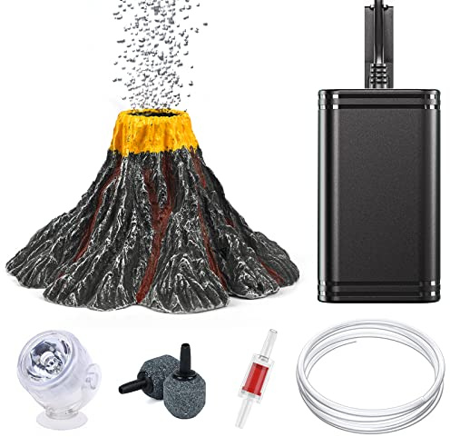 Uniclife Aquarium Volcano Ornament Kit Volcanic Eruption Decoration with Mini Air Pump Red LED Spotlight Air Stone Bubbler Airline Tubing Check Valve Fish Tank Resin Decor for Landscape and Aeration