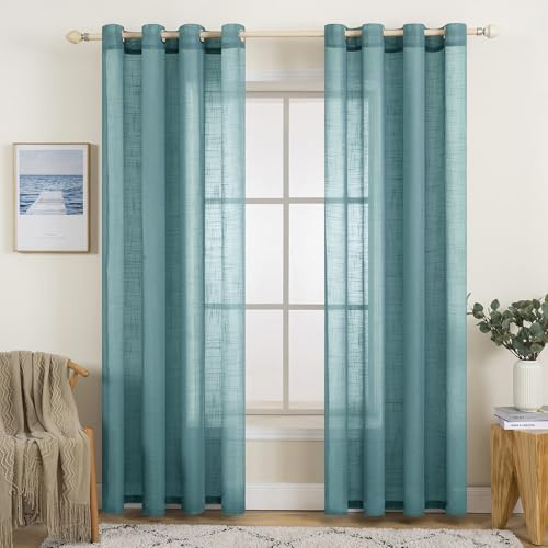MIULEE 2er Set Voile Vorhang Sheer Leinenvorhang mit Ösen Transparente Leinen Optik Gardine Ösenschal Wohnzimmer Fensterschal Lichtdurchlässig Dekoschal Schlafzimmer 140x145cm (B x H) Staubiges Blau