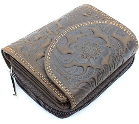 ayados Damen Geldbörse mit RFID Schutz Portemonnaie Echt Leder Frauen Wallet Geldbeutel mit 28 Fächer Portmonee Brieftasche (840 040 Flower Dunkelbraun)