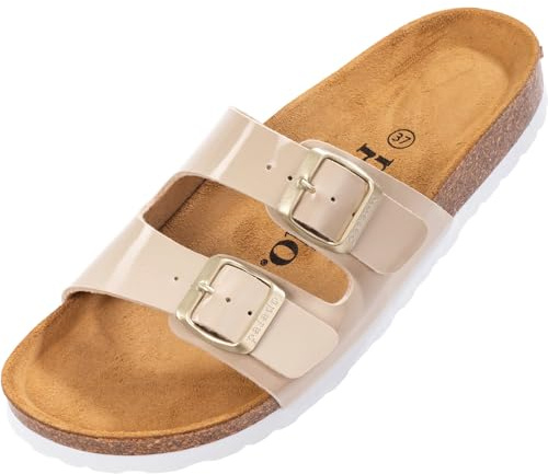 Palado Pantoletten Damen Milos Lack – elegante Sandalen Made in Spain - bequeme Hausschuhe mit Kork-Fußbett - modische Sommerschuhe
