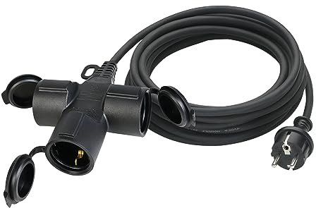 Verlängerungskabel Outdoor 15m mit 3 Schuko-Steckdosen, Gummi Verlängerung 3500W mit Schutzkappe für den Außenbereich IP44, Stromkabel H05RR-F 3G1,5mm² mit 3-Fach Verteiler, 16A/250V, Schwarz