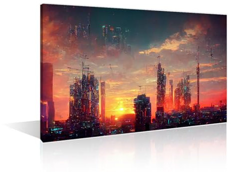 Multi Piece Cityscape Futuristic City Illuminated by Sunset Light Modern Wall Art Cyberpunk City Street Pictures Canvas Print Decor for Home Walls Modern Decoration For Living Room, (16 Wx24 H)