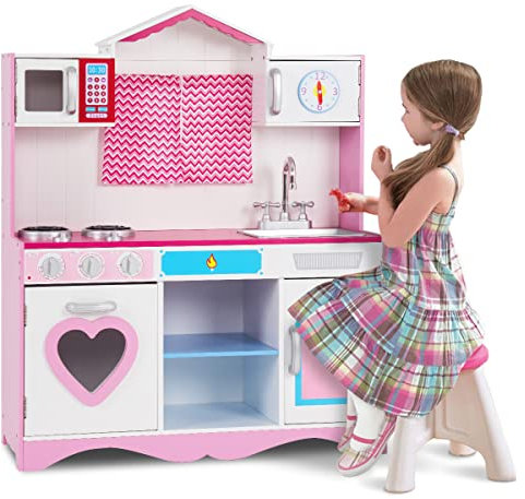 DREAMADE Cuisine Enfant, Cuisine en Bois avec Évier, Cuisinière, Four à Micro-Ondes, Cadeau Parfait, Rose
