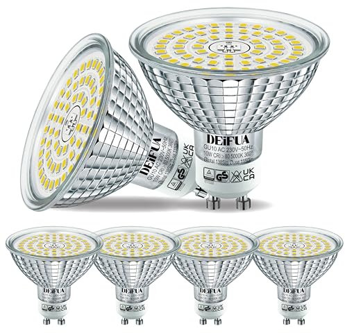 DEIFUA GU10 LED Tageslichtweiß 10W Ersetzt 120W Halogen Leuchtmittel, 4er-Pack, 1385 Lumen 5000K Durchmesser 63 mm Birnen, Flimmerfrei Strahler, Abstrahlwinkel 120° Spot, Nicht Dimmbar Reflektorlampen