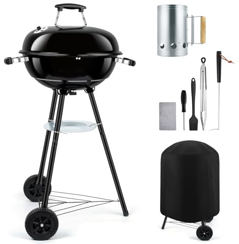 45,7 cm Kugelkohlegrills, Leonyo Tragbarer BBQ Holzkohlegrill für den Außenbereich mit Abdeckung & Kaminstarter, Grillzubehör für Camping, Terrasse, Hinterhofkochen – 254 m²