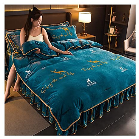 Juego de sabanas Cama gruesa de terciopelo de leche, funda de edredón de invierno de cuatro piezas, sábana de franela de terciopelo Coral de doble cara, juego de cama con falda de cama de invierno Rop