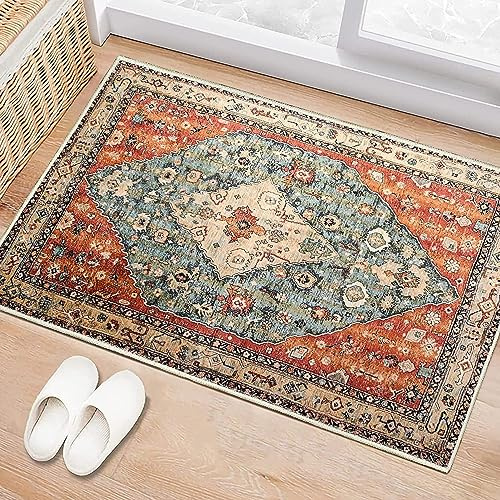 Nyescasa Boho Teppich Wohnzimmer Schlafzimmer Vintage Kurzflor Teppich Weich Waschbar rutschfest Teppiche für Kinderzimmer Esszimmer Flur Küche, Rot, 40x60 cm