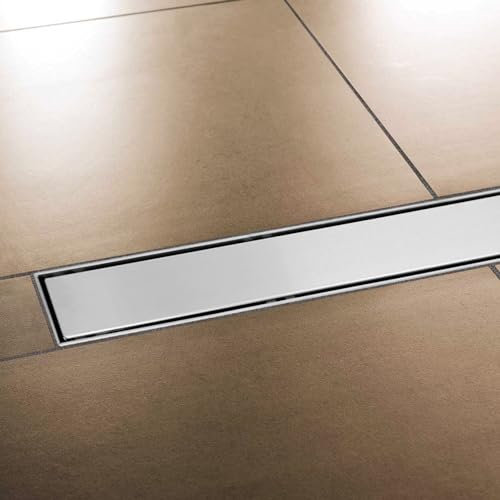 Edelstahl Duschrinne extra flach mit Ablauf & Siphon (100cm, Höhe 53mm) - waagerechter Duschablauf Komplettset Vollabdeckung - Duschabfluss & Duschablaufrinne mit passender Dichtmanschette